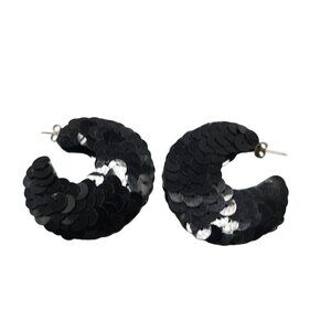 Black Sequin Hoop Earrings Retro 1980s Statement Jewelry Lightweight